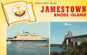 JAMESTOWN RI~FERRY TO NEWPORT + BRIDGE OVER NARRAGANSETT BAY-1967 POSTCARD 