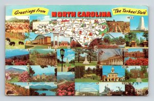 Greetings North Carolina Tarheel State Map Multi View Landmarks Chrome Postcard 