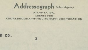 1952 Addressograph Sales Agency Atlanta GA Embossed Plates Invoice 385
