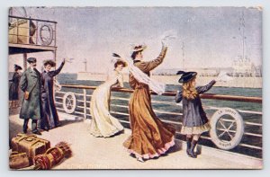 Going Abroad, Ocean Voyage on Ship, Women and Girl Waiving Antique Postcard P7