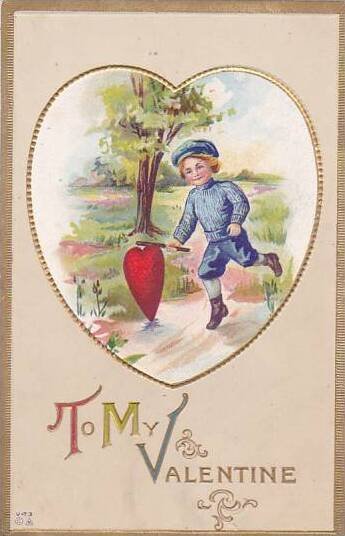 Valentine's Day Young Boy Running With Heart 1914