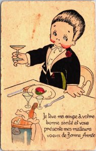 Nice Dressed Boy with a Glass and a Plate of Food Vintage Postcard C191