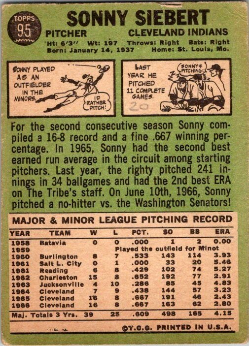 1968 Topps Baseball Card Sonny Siebert Cleveland Indians sk3540