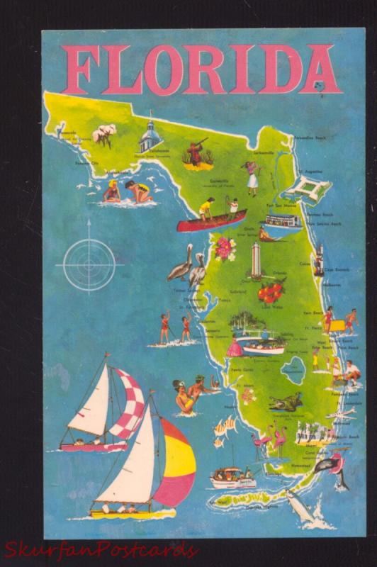 STATE OF FLORIDA MAP POSTCARD SAILBOAT FLA.