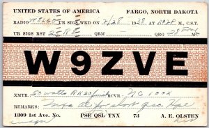 1938 QSL Radio Card Code W9ZVE Fargo North Carolina Amateur Posted Postcard