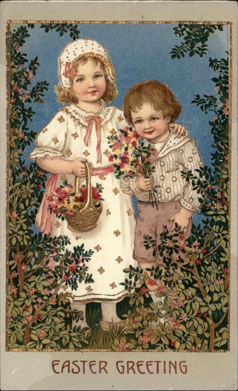 Easter Little Boy and Girl Gather Flowers Gilt Inlay c1910 Vintage Gel Postcard