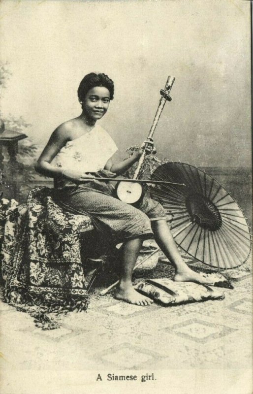 siam thailand, Beautiful Siamese Girl, Sa Lor Music Instrument (1910s) Postcard