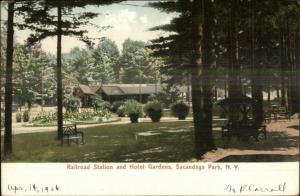 Sacandaga NY RR Train Station & Hotel Gardens c1905 Postcard