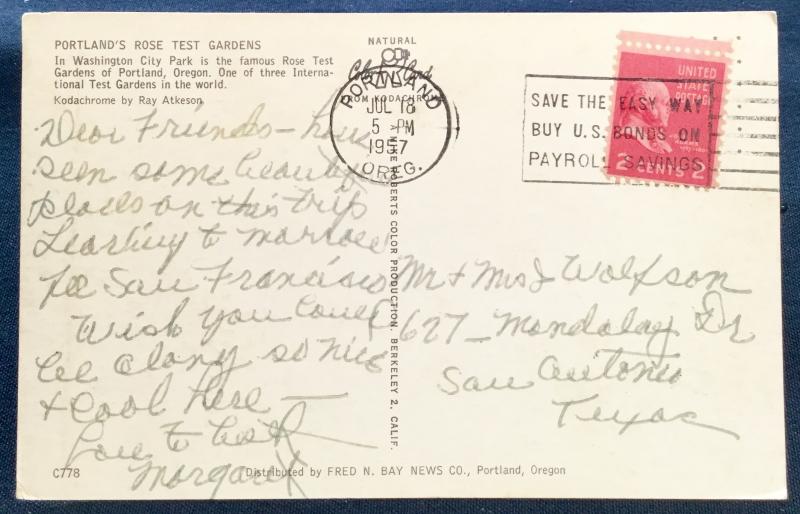 Postcard Used Rose Test Gardens, Portland, OR LB