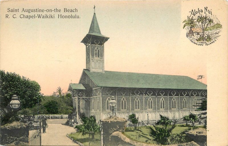 Postcard Hawaii Waikiki Saint Augustine on beach Chapel roadside 23-9154