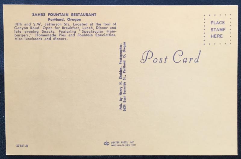 Postcard Unused Sahrs Fountain Restaurant Portland OR LB