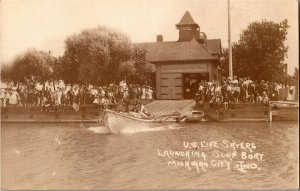 RPPC U.S. Life Savers Launching Surf Boat Michigan City IN c1911 Postcard N32