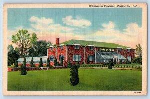 Martinsville Indiana Postcard Grassyforks Fisheries Building Garden Trees c1940