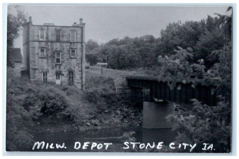 c1960 MILW Stone City Iowa IA Railroad Train Depot Station RPPC Photo Postcard