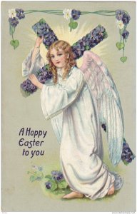 TUCK 112, A Happy Easter to you, Angel carrying cross  made of purple flowers...