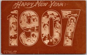 Happy New Year 1907 Large Print Number Landscape Greetings Postcard
