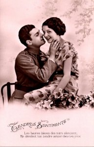 Romantic Couple Woman & Soldier Tendres Sentiments Color Tinted Real Photo Fr...