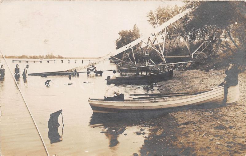 F3/ Storm Lake Iowa Real Photo RPPC Postcard Water Slide Boats Beach