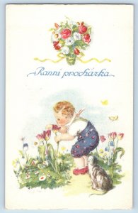 Czech Republic Postcard Child And Cat Scene Garden Flowers c1910's Antique