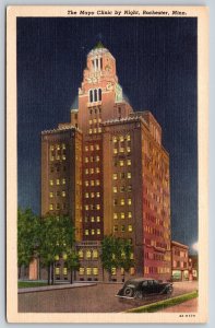 Rochester Minnesota~Plummer Bldg Of Mayo Clinic By Night~Bell Tower~Vtg Linen PC