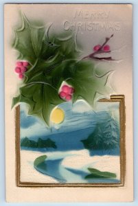 Racine Minnesota MN Postcard Christmas Holly Berries Winter Airbrushed Embossed