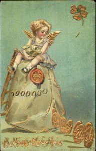 New Year - Cherub Sitting on Sack of Gold Coins c1910 Postcard