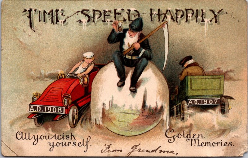  1908 early race car sports car Old Man New Years hourglass scythe gnome globe