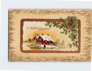 Postcard A Merry Christmas with Hollies Embossed Art Print