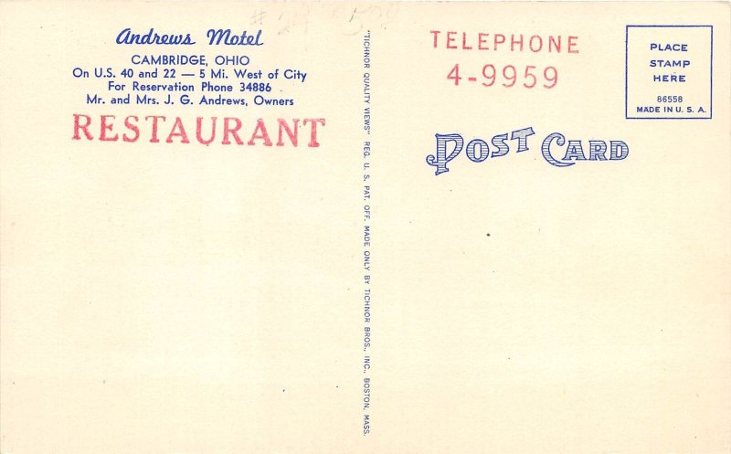 Cambridge Ohio 1950s Postcard Andrews Motel
