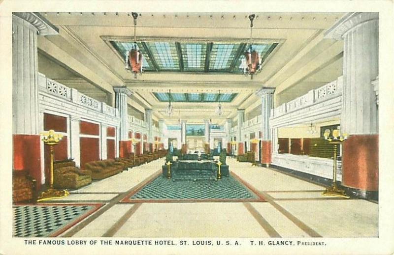 St. Louis, Missouri Marquette Hotel Lobby White Border Postcard