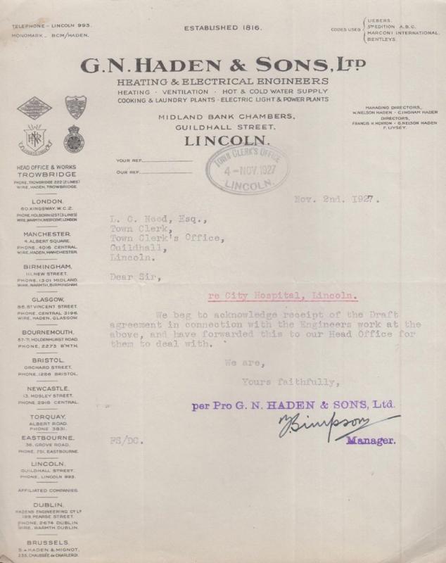 Lincoln Hospital 1927 Gas Central Heating Council Work Antique Letter Ephemera