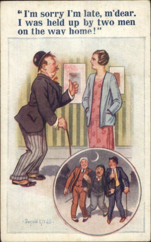 Drunk Man Arrives Home Lies to Wife c1920 Postcard DONALD MCGILL