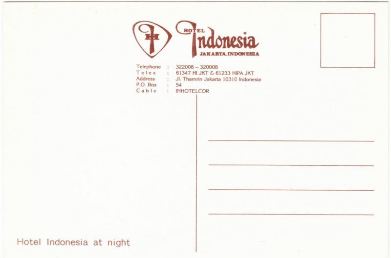 Indonesia Jakarta Hotel Indonesia at Night 1970s-1980s Postcard