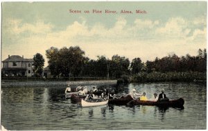 c1910 ALMA Michigan Mich Postcard PINE RIVER Boating Boats Home