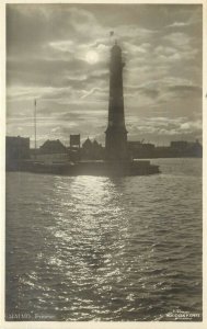 RPPC Postcard; Lighthouse Fyrtornet Malmö Sweden from the Sea by Moonlight