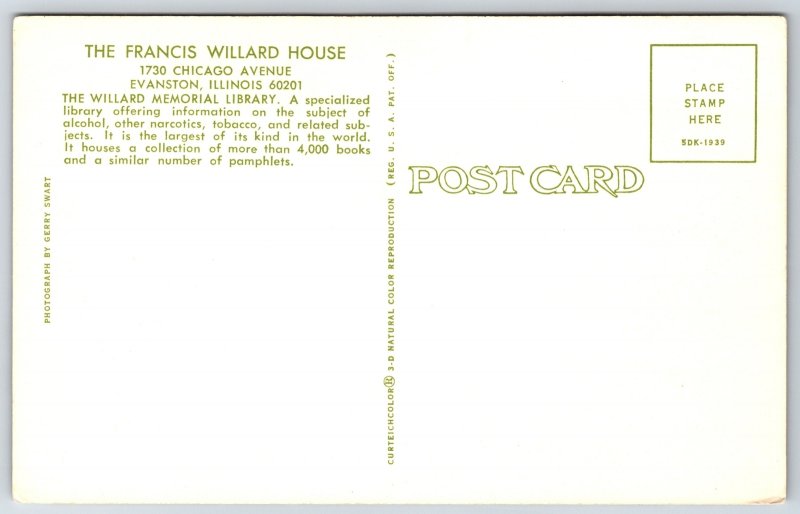 Evanston IL~Interior Memorial Library 4000+ Books~Francis Willard House~Vtg PC