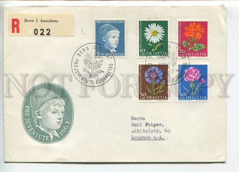 444875 Switzerland 1963 FDC Pro Juventute Flowers set stamps registered Bern