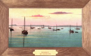 Vintage Postcard Sunset By Howard Beautiful View Boats On The Ocean