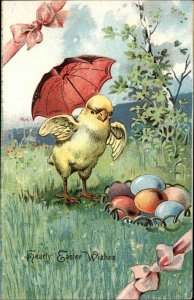 Easter Chick with Umbrella Fantasy Eggs Embossed c1900s-10s Postcard