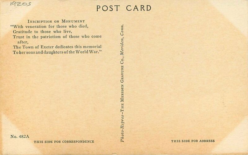 Chester Sculptor Exeter New Hampshire World War Memorial 1920s Postcard 20-2674