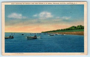 SAMPSON, NY ~ Boats NAVAL TRAINING STATION Seneca Lake 1940s WWII Era Postcard