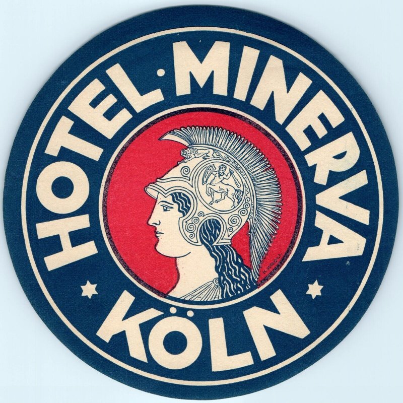 c1930s Cologne, Italy Luggage Label Hotel Minerva Koln Decal Kroll Helmet Gum 2C