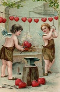Circa 1910 Cute Angels Forging Hearts on Anvil Winged Hanging Heart Valentine P2