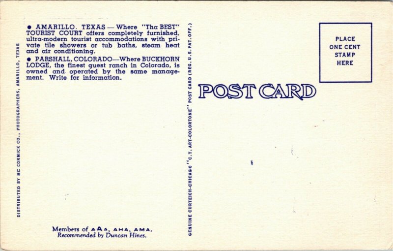 Postcard Texas Amarillo The Best Tourist Court Motel Routes 60, 66 & 87 1940s J7