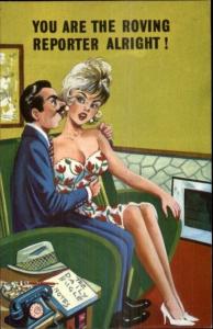 Sexy Blond Woman Large Breats Sitting on Newspaper Man's Lap Comic PC