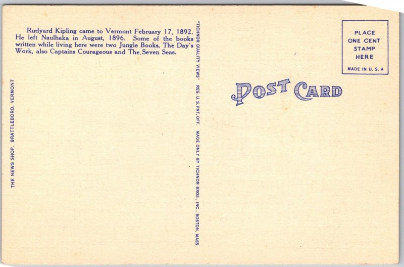 Naulhaka Former-Home of Rudyard Kipling Battleboro Vermont VT Flowers Postcard