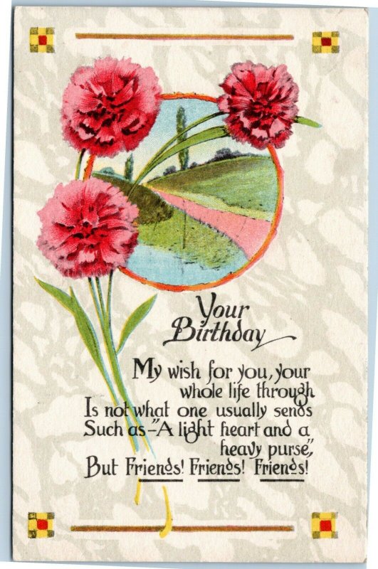 postcard Your Birthday - Samson Brothers C. S. 496 carnations - wish for friends