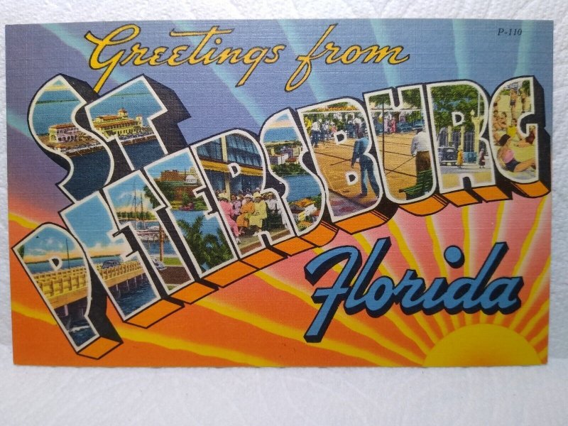 Greetings From St Petersburg Florida Large Letter Linen Postcard Tichnor Unused