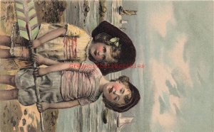 Unknown Artist, Boy and Girl Hooding a Ore, Ocean, Sail Boats, Embossed