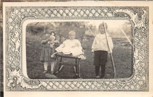 H58/ Interesting Real Photo RPPC Postcard c1910 Kids Doll Rocking Chair 22
